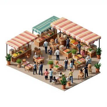 A bustling outdoor market filled with a variety of colorful stalls. Each stall is adorned with vibrant awnings, displaying an array of fresh produce such as ripe fruits and vegetables, neatly arranged in wooden crates. There are also stalls showcasing handmade crafts, including pottery, jewelry, and textiles, all artistically displayed. Shoppers of diverse backgrounds are seen browsing and interacting, with some holding shopping bags filled with local goods. The atmosphere is lively, with people chatting and laughter echoing through the air. There are plants and flowers in pots placed around the market, adding to the lively scene.
