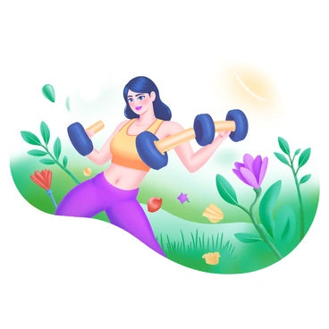 A person executing dumbbell flies in an outdoor setting. The individual is focused on their workout, with a determined expression. They are wearing a vibrant athletic outfit. Surrounding them is a rich expanse of lush greenery, including various shades of green leaves and tall grass. Colorful flowers bloom throughout the scene, adding pops of red, yellow, and purple. The sunlight filters through the leaves, creating a bright and uplifting atmosphere.