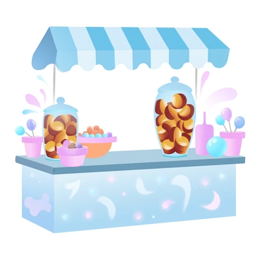 A colorful candy shop counter filled with a variety of sweets. The counter is decorated with "caramel swirls" that create an inviting pattern across the surface. Numerous "gold-wrapped caramels" are neatly arranged in a glass jar, shimmering under the light. Surrounding the counter are various other candies, including "lollipops" and "gummy bears," displayed in vibrant, eye-catching containers. A "striped awning" hangs above the counter, adding a playful touch to the scene.