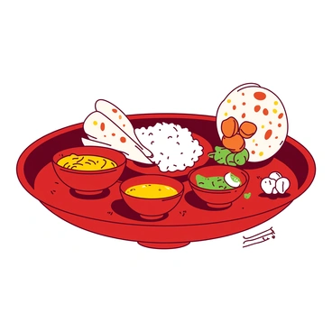 A duotone illustration features a vibrant red traditional Maharashtrian thali set on a simple table. The thali is round and made of stainless steel, filled with an assortment of dishes. There are small bowls containing yellow dal, green chutney, and orange salad arranged neatly around the thali. A portion of white rice is placed in the center, accompanied by two pieces of chapati stacked beside it. A small serving of sweet burfi is positioned at the edge of the thali. The background is kept simple to emphasize the colorful and varied dishes on the thali.
