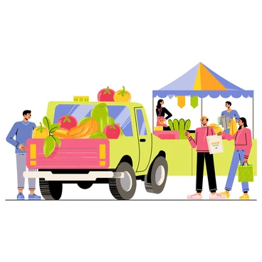 A 4x4 vehicle filled with a variety of fresh produce. The truck bed is overflowing with colorful fruits and vegetables, including red tomatoes, bright green bell peppers, and yellow bananas. The outdoor market is bustling with people, with stalls decorated with vibrant banners and canopies. Nearby, shoppers are examining fresh herbs and handmade goods, while a vendor enthusiastically gestures toward their display of ripe watermelons. The scene is lively, with shoppers interacting and carrying bags filled with their purchases.