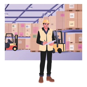 A warehouse worker is standing in a large storage area filled with rows of stacked boxes. The worker is wearing a safety vest and a hard hat, and they are holding a clipboard in their left hand while writing with a pen in their right hand. The storage area is well-lit, with overhead lights illuminating the space. Various boxes are labeled with different colors and sizes, creating a sense of organization. In the background, shelves are lined with more boxes, and a forklift is parked nearby, ready to assist with moving inventory. The floor is concrete, adding to the industrial feel of the environment.