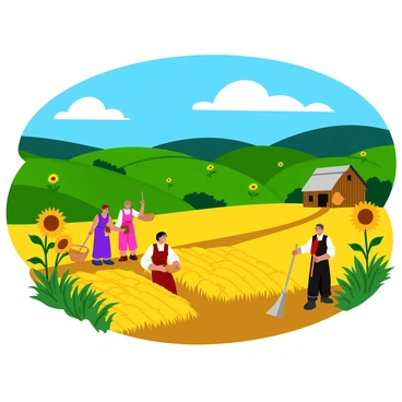 A group of villagers in traditional Russian attire is harvesting golden wheat in a picturesque countryside. The villagers are using scythes and wicker baskets to gather the crops. In the background, rolling hills covered in lush green grass are dotted with wildflowers. A bright blue sky with fluffy white clouds stretches overhead, casting soft shadows on the ground. Nearby, a rustic wooden barn stands surrounded by tall sunflowers, adding vibrant colors to the scene. The atmosphere is lively, with some villagers laughing and chatting as they work together.