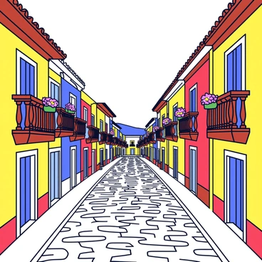 A street filled with vibrant buildings showcasing Madeira's vernacular architecture. The buildings feature ornate wooden balconies with intricate carvings. The façades are painted in a variety of bright colors, including yellows, blues, and reds. Flower pots with blooming plants hang from the windows, adding to the colorful scene. Cobblestones cover the street, leading the eye down the lively thoroughfare. Each building has unique architectural details, such as tiled roofs and decorative shutters.