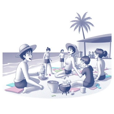 A scene depicting "Sukuna" at a beach party with friends. He is laughing and surrounded by a group of people, all engaged in playful activities. The sandy beach is scattered with colorful towels and beach toys. The ocean waves are gently crashing nearby, creating a lively atmosphere. Sukuna is wearing casual beach attire, with a large straw hat resting on his head. In the background, palm trees sway under the sun, and a barbecue grill is set up, with friends cooking and serving food. Laughter and joy fill the air as everyone enjoys the sunny day together.