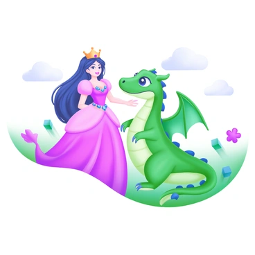 A modern pastel illustration depicting a princess and a dragon in a friendly encounter. The princess, wearing a flowing pink gown adorned with sparkling gems, stands with a smile on her face. She has long, flowing hair and a golden crown on her head. The dragon, with vibrant green scales and large, expressive eyes, sits comfortably beside her, its wings partially folded. Around them, there are soft clouds and whimsical flowers that add to the enchanting atmosphere. The scene conveys a sense of friendship and magic between the two characters.