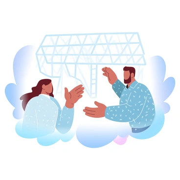 Two individuals are standing close together, gesturing animatedly as they engage in a lively discussion. One person is wearing a light jacket, and the other is dressed in a patterned shirt. Behind them, a structure made of iron beams rises, creating a grid-like pattern in the backdrop. The scene is filled with dynamic energy, showcasing the interaction between the two people amidst the industrial setting.
