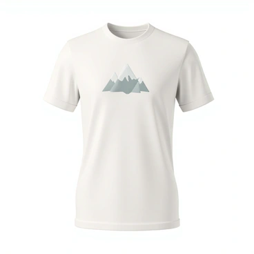 A t-shirt with a soft white fabric, featuring a minimalist design of "snow-capped mountains" in a simple, clean outline. The mountains are depicted in a muted color palette, with shades of gray and white, emphasizing their snowy peaks. The design is centered on the chest area of the shirt, giving it a modern and understated look. The t-shirt has short sleeves and a relaxed fit, making it comfortable for casual wear.
