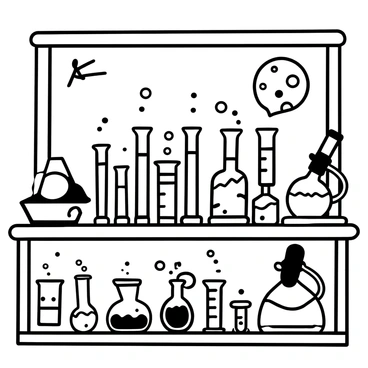A laboratory scene featuring multiple test tubes arranged on a lab bench. Each test tube contains a bubbling liquid, with various shapes of gas bubbles rising to the surface. Around the test tubes, there are glass beakers filled with substances and stirring rods resting beside them. Lab equipment such as a Bunsen burner and a microscope are also present on the bench, and a large chalkboard with handwritten notes is mounted on the wall in the background.