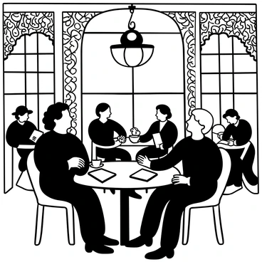 Karl Marx and Friedrich Engels are seated at a round table in a Victorian-era café, surrounded by ornate decorations and vintage furniture. A steaming cup of coffee sits in front of each of them, while scattered papers and books are spread across the table. Marx is gesturing animatedly, emphasizing a point, while Engels listens intently, leaning slightly forward. Various patrons are visible in the background, some absorbed in their own conversations, others reading newspapers. The café features tall windows with patterned drapery, allowing light to filter through and cast shadows across the room. A large chandelier hangs from the ceiling, illuminating the scene with a warm glow.