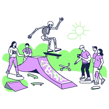 A skeleton is performing tricks on a skateboard in a skate park. The skeleton is mid-air, executing an impressive kickflip above a half-pipe ramp. Below, the ramp has various colorful graffiti designs. Spectators, including a group of young people, are watching with excitement. One person is holding a camera, capturing the moment. The skate park is filled with other ramps, rails, and a variety of skateboards scattered around. The sun is shining, creating dynamic shadows on the ground.