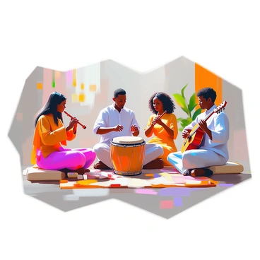 A diverse group of musicians from various cultural backgrounds is gathered, each playing a traditional instrument. In the center, a man with dark skin plays a djembe drum, his hands skillfully striking the surface. To his left, a woman with long black hair plays a bamboo flute, her posture relaxed yet focused. On her right, a woman with curly hair strums a guitar, enhancing the melody. Nearby, a man with light skin is playing a sitar, his fingers elegantly moving across the strings. They are surrounded by an array of vibrant textiles and decorations that represent their respective cultures. The atmosphere is filled with the lively sounds of their instruments harmonizing together.