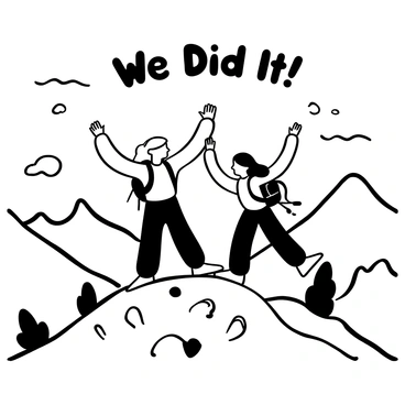 A couple standing triumphantly at the summit of a mountain, with their arms raised in celebration. The woman has long hair flowing in the wind, and the man has short hair with a backpack slung over one shoulder. They are surrounded by rugged mountain terrain, with rocky outcrops and steep cliffs visible in the background. The horizon is filled with distant peaks, creating a sense of vastness. There are small clouds scattered across the sky, adding texture to the scene. The words "We Did It!" are displayed prominently above them.