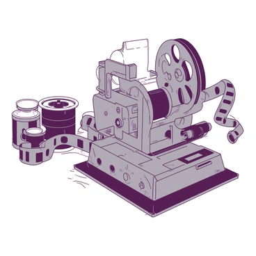 A close-up view of a vintage film projector with intricate details. The projector is made of metal with a slightly worn, silver-gray finish. The film reel is spinning rapidly, showing strands of film running through the projector's mechanism. Soft light reflects off the surface, highlighting the gears and controls. In the background, faint silhouettes of film canisters are visible. The overall scene captures a sense of nostalgia and the magic of old cinema.