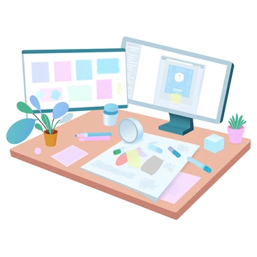 A designer's desk is filled with scattered sketches for a new canned food label. The sketches feature various designs, some showing vibrant colors and others with intricate patterns. A set of colored pencils and markers lies next to the sketches, along with a ruler and some sticky notes. The desk is made of light wood, and there is a small potted plant at one corner, adding a touch of greenery. A computer monitor is positioned at the back of the desk, displaying a design program with an open file of the label.