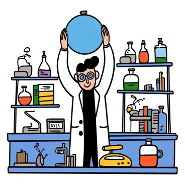 An inventor with light skin and short black hair is standing in a bright laboratory, proudly holding a glowing, spherical time pod above his head. The time pod emits a soft blue light, illuminating his face with a futuristic glow. The inventor is wearing a white lab coat over a dark t-shirt, with safety goggles perched on his forehead. Behind him, various scientific instruments and gadgets clutter the workbench, and shelves filled with books and glass containers line the walls of the lab.
