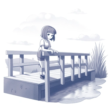 A girl stands on an old wooden bridge. The bridge is weathered, with rough planks and rusty nails, suggesting age and use. She leans slightly over the railing, peering intently into the water below. Her hair is flowing in the breeze, and she has a thoughtful expression on her face. The surrounding scenery includes tall grass and trees, providing a natural setting. The sky above is expansive, with clouds scattered throughout.