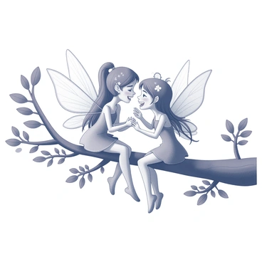Two fairies sitting on a tree branch. Each fairy has delicate wings with intricate patterns. One fairy has long flowing hair, while the other has short hair adorned with small flowers. They are leaning towards each other, their hands gesturing animatedly as they share secrets. Their faces are expressive, showing joy and laughter. The tree branch is thick and textured, surrounded by leaves that create a natural frame for the scene. The background features more tree foliage, adding depth to the image.