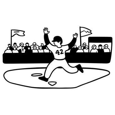 A baseball player in a white uniform with the number 42 running energetically around the bases. The player is mid-stride, with one arm raised in triumph. Behind him, a crowd of fans in the stands is visibly excited, with some standing and clapping. Banners and flags are waving, adding to the atmosphere of celebration. The baseball diamond is clearly marked, with the bases positioned prominently in the foreground.