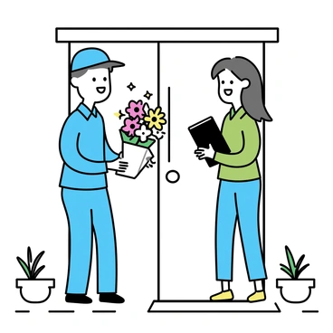 A delivery person wearing a blue uniform is standing at a front door, holding a colorful bouquet of flowers. The bouquet consists of red roses, yellow daisies, and white lilies. The recipient, a woman with long brown hair wearing a green sweater and jeans, is smiling widely as she receives the flowers. The doorway is adorned with a small welcome mat and potted plants on either side.