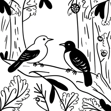 A pair of cedar waxwings perched on a branch surrounded by lush foliage. One bird is leaning slightly forward, appearing to gesture with its wing, while the other looks attentively in response. The background is filled with various tree trunks and branches, creating a natural setting. A few pine cones and berries can be seen scattered among the leaves, adding to the forest atmosphere.