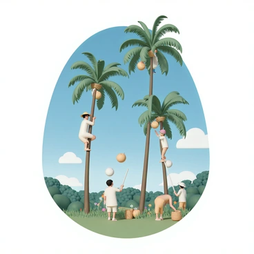 A group of farmers, wearing wide-brimmed hats and light-colored shirts, are climbing tall coconut palm trees in a lush green countryside. The palm trees have long, slender trunks reaching towards a bright blue sky, dotted with fluffy white clouds. Some farmers are using long poles to knock down coconuts, while others are gathering the fallen coconuts into woven baskets placed on the ground. The vibrant greenery of the surrounding vegetation complements the scene, with a few colorful flowers peeking through. The atmosphere is lively, showcasing the traditional coconut harvesting process in a warm, sunny setting.