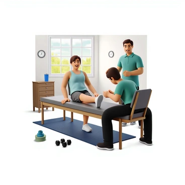 A patient with short brown hair, wearing a light blue tank top and gray athletic shorts, is sitting on a physical therapy mat. The patient is performing gentle exercises for knee replacement recovery, with one leg extended in front and the other bent. A physical therapist, wearing a green polo shirt and black pants, is guiding the patient through the motions. Various exercise equipment, such as resistance bands and small weights, is visible nearby. A wall clock shows the time, indicating the middle of the day, and a window reveals a sunny outdoor view.