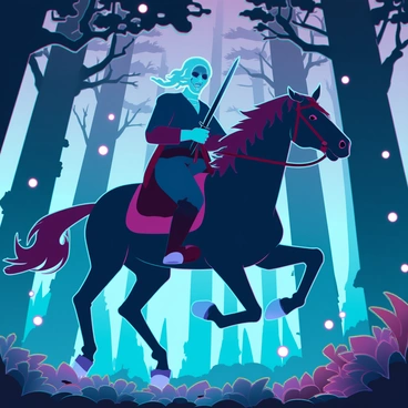 A headless horseman riding a powerful black steed through an enchanted forest. The horseman is clad in dark, tattered robes, with a swirling mist emanating from the neck area where the head should be. He grips the reins tightly with one hand while holding a menacing sword in the other. The forest is dense with tall, ancient trees, their trunks gnarled and twisted. The ground is covered in vibrant, glowing flora, casting an eerie light in shades of blue and green. Fireflies flicker in the air, illuminating the mystical environment as the horse gallops forward, leaves rustling in its wake.