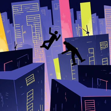 A thrilling chase taking place across the rooftops of tall skyscrapers. The scene features a dynamic silhouette of a pursuer leaping from one building to another. The background is filled with vibrant, glowing billboards in various colors, illuminating the night sky. The rooftops are detailed with antennas and air conditioning units, adding to the urban environment. The atmosphere is tense and action-packed, showcasing the height and speed of the chase.