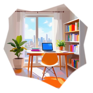 A compact student apartment showcasing a neatly organized space. A wooden desk is positioned near a large window, allowing natural light to illuminate the area. On the desk, there is a stack of books, a laptop, and a small potted plant adding a touch of greenery. The walls are lined with shelves filled with more books and study materials. Through the window, a panoramic view of the city skyline is visible, with tall buildings and distant rooftops under a clear blue sky. The overall atmosphere is cozy and functional, reflecting a student’s lifestyle.