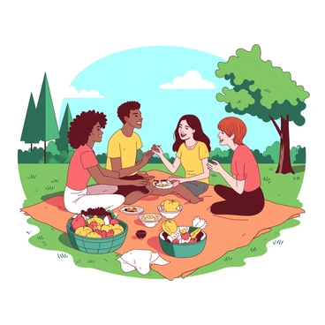 A group of friends from various ethnic backgrounds is sitting on a large orange picnic blanket spread out on green grass in the park. There are four friends: one with curly black hair, one with straight blonde hair, one with long brown hair, and one with short red hair. They are smiling and laughing while sharing a variety of food in colorful containers. A teal picnic basket is placed beside them, filled with fruits and snacks. In the background, there are trees with lush green leaves and a clear blue sky.