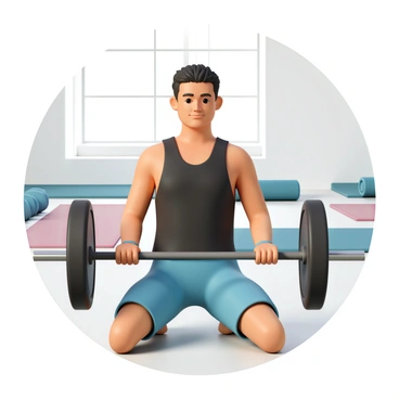 A person performing a combination of yoga and weightlifting in a gym setting. The individual is in a yoga pose, specifically a warrior pose, while holding a barbell for a row. They are wearing a fitted black tank top and blue athletic shorts. The barbell is positioned at waist height, and the person's back is straight, showcasing good form. The gym environment features exercise mats and weights in the background, with natural light streaming through a large window. The person's face shows concentration as they balance strength and flexibility in this unique workout session.