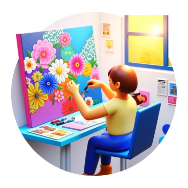 An artist creating a vibrant collage composed of various illustrated elements. The collage includes bright textures such as floral patterns, geometric shapes, and colorful brush strokes. The artist is seated at a table, surrounded by art supplies like scissors, glue, and magazines. Sunlight streams through a nearby window, casting a warm glow over the workspace. The artist's hands are carefully placing each element onto a large canvas. The background features scattered art materials, emphasizing the creative process.