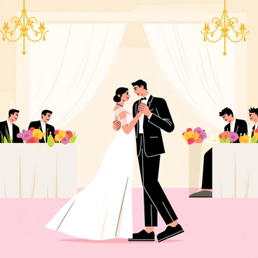 A wedding photographer with a camera in hand is capturing the couple's first dance in the center of a beautifully decorated ballroom. The ballroom features ornate chandeliers hanging from the ceiling, casting soft light over the scene. The couple is wearing elegant wedding attire, with the bride in a flowing white gown adorned with lace and the groom in a classic black tuxedo. Colorful floral arrangements in vases are placed around the room, and guests are seated at tables adorned with white tablecloths and flickering candles. The atmosphere is filled with joy as the couple dances closely, surrounded by a backdrop of twinkling fairy lights.