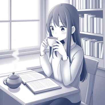 Ichinose is seated at a small wooden table in a cozy cafe. She has long hair that falls softly over her shoulders. Her hands gently cradle a delicate teacup as she lifts it to her lips. A steaming pot of tea rests on the table beside her. In front of her, there is an open book, with its pages slightly curled, revealing an intricate design on the cover. Soft light filters in through a nearby window, casting gentle shadows across the table and highlighting her focused expression as she reads. The cafe is adorned with wooden beams and shelves filled with various books, creating an inviting atmosphere.