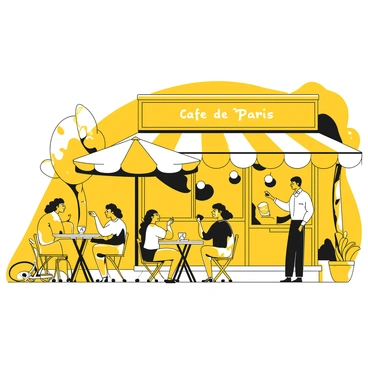 A street cafe with several tables set outside, each occupied by people enjoying coffee. The patrons are engaged in conversations, some sitting with cups in hand while others are laughing. A large umbrella shades one of the tables. Nearby, a waiter in a white shirt takes an order from a couple. The cafe has a sign that reads "Cafe de Paris" prominently displayed. In the background, there are trees lining the street, and a few bicycles parked nearby. The scene conveys a lively atmosphere of a sunny day filled with people enjoying their time outdoors.
