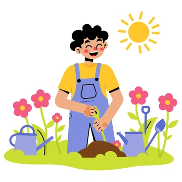 A child with curly hair, wearing a bright yellow t-shirt and denim overalls, is joyfully planting colorful flowers in a vibrant garden. The garden is filled with blooming flowers in various shades of red, pink, and blue. The child's hands are dirty with soil, and a big smile is on their face, showcasing their excitement. Nearby, a small watering can and a garden spade are placed on the grass, adding to the cheerful scene. The sun is shining brightly, illuminating the flowers and creating a lively atmosphere.
