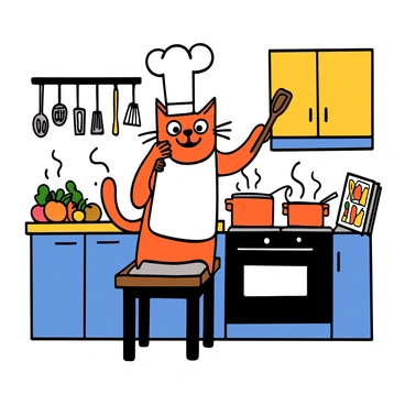 A cat with orange fur and a white apron is standing on a stool in a colorful kitchen. The cat is wearing a tall white chef's hat and has big eyes, looking excited. The kitchen is filled with vibrant colors, featuring cabinets in bright blue and yellow, and various utensils hanging on the walls. There are bubbling pots on the stove, with steam rising into the air. The countertop is decorated with fresh vegetables and spices, and there is a colorful recipe book open nearby. The cat is gesturing with one paw while holding a wooden spoon in the other, ready to show the viewers how to cook.