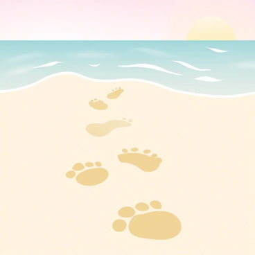 A series of footprints in beige sand extends from the bottom left towards the center of the scene. The footprints are slightly imprinted, indicating that someone has walked here recently. As the footprints progress, they suddenly fade away, leaving the sand smooth and untouched beyond a certain point. The surrounding area features gentle waves of the ocean in the background, with a soft gradient of blue and turquoise colors merging at the horizon. The sky is a light pastel pink, suggesting a sunset, adding a subtle, warm glow to the overall scene.