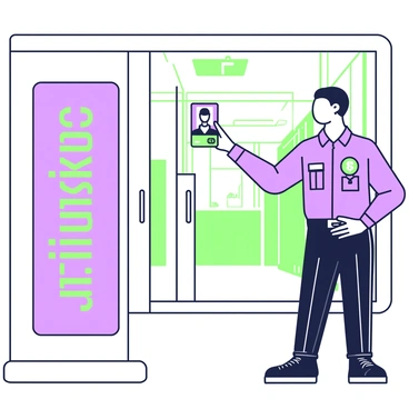A security guard is standing at a checkpoint, checking an employee pass. He is dressed in a dark uniform with a badge on his chest. In his right hand, he holds the employee pass up to eye level. The pass is brightly colored and has a clear photo of the employee. Behind the guard, there is a large "Verified" sign in bright letters, prominently displayed on the wall. The background shows a modern building entrance with glass doors and a reception area visible beyond.