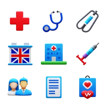A collection of iconographic representations depicting UK healthcare practices. The icons include a red cross symbol, a stethoscope, a hospital building with a recognizable UK flag, and a syringe with a vaccination label. Additionally, there are icons representing a patient and doctor interaction, a prescription pad, and a heart symbol with a pulse line. Each icon is designed to clearly convey the essential elements of UK healthcare.