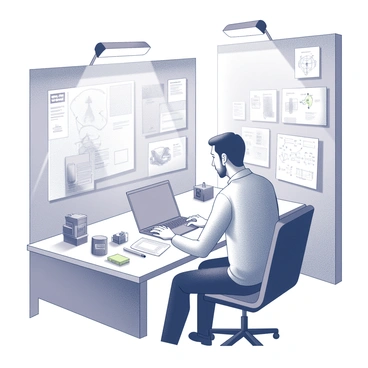 An entrepreneur is seated at a modern desk in an innovation lab. The individual is focused on a laptop, typing while surrounded by various prototypes, including sleek 3D-printed models and mechanical gadgets. Creative tools are scattered across the workspace, including notepads filled with sketches, colored markers, and measuring instruments. Bright overhead lights illuminate the area, casting shadows on the walls that feature brainstorming diagrams. The atmosphere conveys a sense of productivity and exploration.