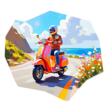 A retro moped with a bright red body and chrome details is zipping down a coastal road. The rider, wearing a classic leather jacket and a vintage helmet, is enjoying the breeze. Lush green cliffs rise on one side of the road, while the sparkling blue ocean stretches out on the other side, reflecting the sunlight. A few fluffy white clouds drift across the vibrant blue sky above, enhancing the picturesque scene. Wildflowers in various colors line the roadside, adding a touch of nature to the sunny atmosphere.