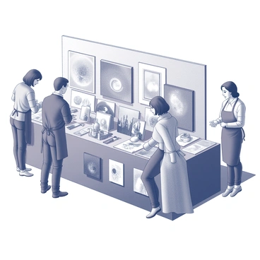 A stall at an art fair filled with various multimedia art pieces. The display includes several paintings, sculptures, and mixed media works arranged on tables and stands. An artist is actively engaging with visitors, discussing the inspirations behind the artworks. The atmosphere is lively with patrons admiring the pieces and asking questions. The artist is wearing an apron, and there are tools and materials scattered around the stall, indicating a creative environment.