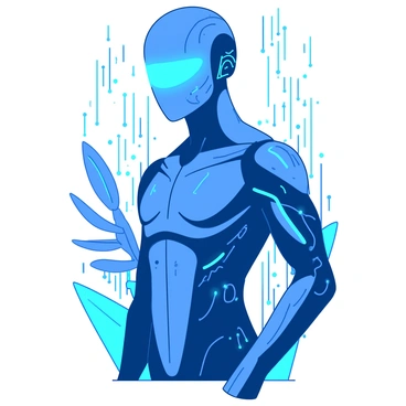 A blue futuristic digital avatar stands confidently, featuring a sleek humanoid form. Its eyes emit a bright teal glow, providing an intense and captivating focal point. The avatar's skin is adorned with intricate circuit-like patterns that pulse softly with energy, highlighting its advanced technology. The background is filled with abstract digital shapes that enhance the avatar's modern appearance. The overall composition creates a striking visual of innovation and digital presence.
