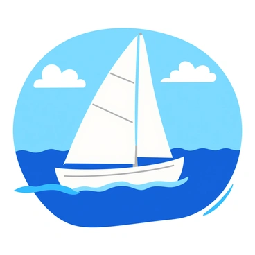 A white sailboat with billowing sails gliding smoothly across deep blue ocean waters. The boat is angled slightly to capture the wind, creating gentle ripples in the water surrounding it. The sky above is a clear blue, with a few fluffy white clouds scattered throughout. The sunlight reflects off the water's surface, creating sparkling highlights, while the boat leaves a subtle trail behind it.