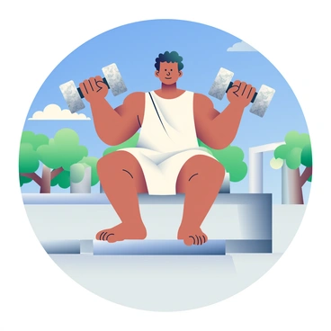 An ancient Greek athlete with a muscular build is shown performing a dumbbell chest press. He has olive skin and short curly hair. He is dressed in a traditional linen chiton, which is light and flowing, allowing for ease of movement. The athlete is positioned on a stone bench, with his back supported as he presses two marble dumbbells above his chest. The dumbbells are intricately carved, showcasing fine details on the marble surface. A vibrant blue sky serves as the background, with softly scattered white clouds. In the distance, ancient Greek columns and olive trees frame the scene, highlighting the athletic setting.