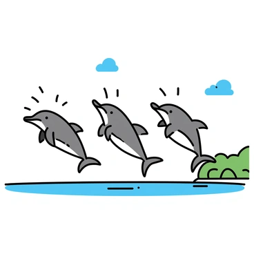 A group of three river dolphins, each with smooth gray skin and distinct dorsal fins, is leaping above the surface of the Amazon River. The water splashes around them, creating small droplets in the air. The river's surface is a deep greenish-brown, reflecting the lush vegetation along the riverbank. The scene captures the playful movement of the dolphins as they arc gracefully through the air, with a bright blue sky visible in the background.