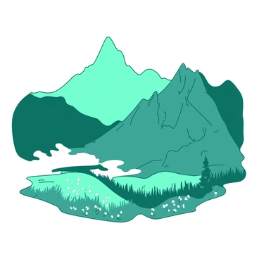 A teal landscape features Korean mountains that rise majestically in the background, their peaks partially hidden by a soft white morning mist. The mountains are rugged and steep, showcasing textured rock formations. In the foreground, there is a lush green valley dotted with small white wildflowers. The mist swirls gently around the base of the mountains, creating a sense of tranquility in the scene.