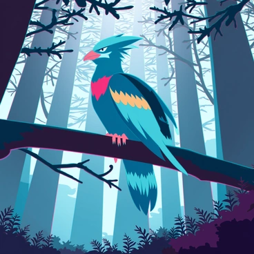 A thunderbird perched on a tree branch, looking down at a dense, misty forest